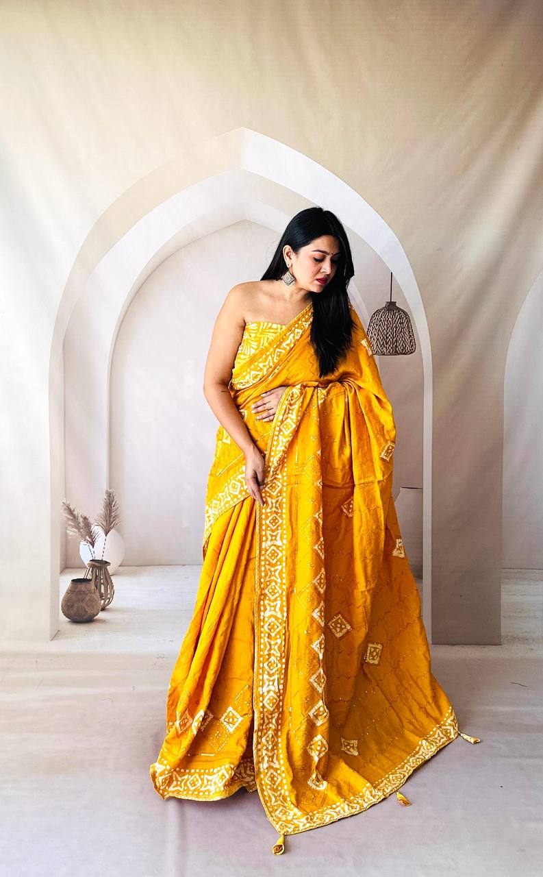 Batik Print Cotton Saree with Sequin Butta & Designer Latkan Border