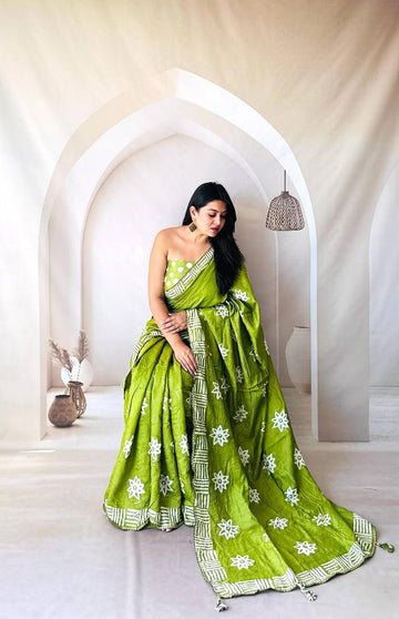 Batik Print Cotton Saree with Sequin Butta & Designer Latkan Border