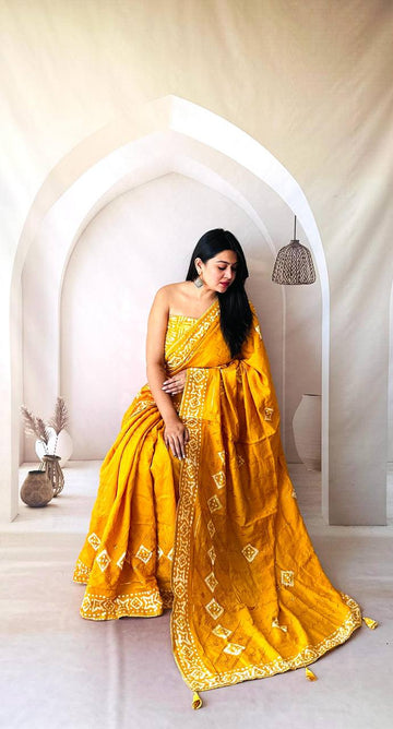 Batik Print Cotton Saree with Sequin Butta & Designer Latkan Border