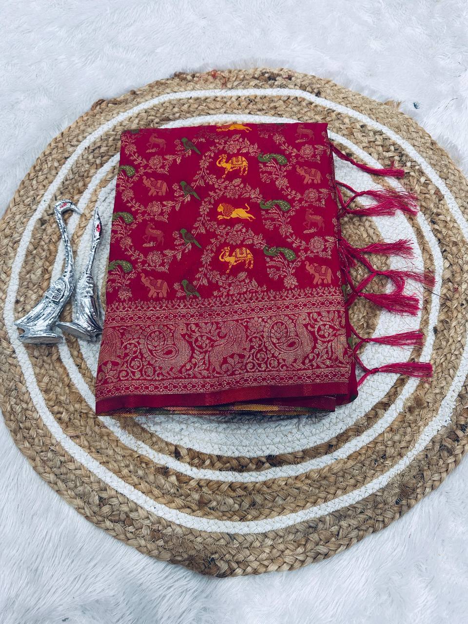 Pure Nylon Kadi Crepe Georgette Saree with Meenakari Jacquard Weaving & Hand Dyed Finish