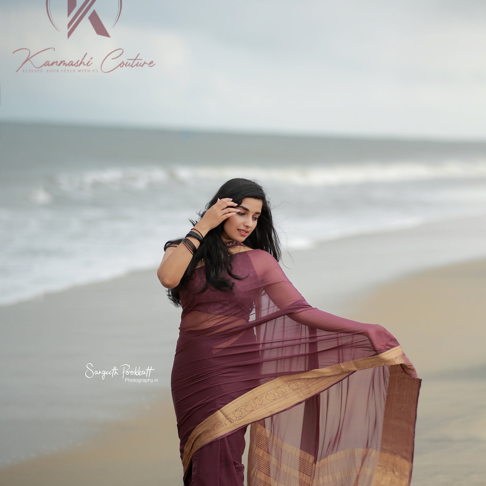 Sophisticated Mauve Plain Chiffon Saree with Gold Zari Border, Matching Printed Blouse & Tassel Detailing