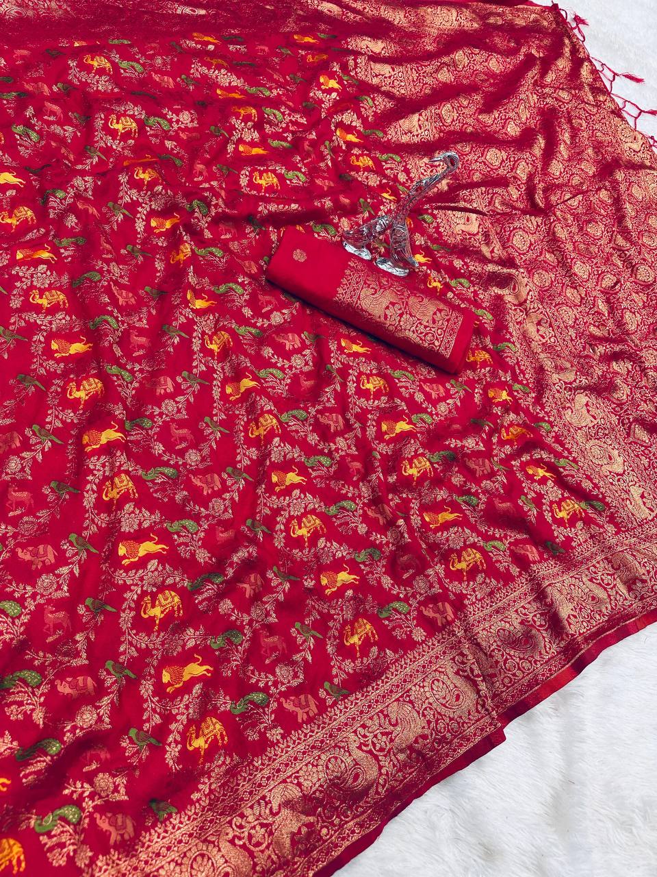 Pure Nylon Kadi Crepe Georgette Saree with Meenakari Jacquard Weaving & Hand Dyed Finish