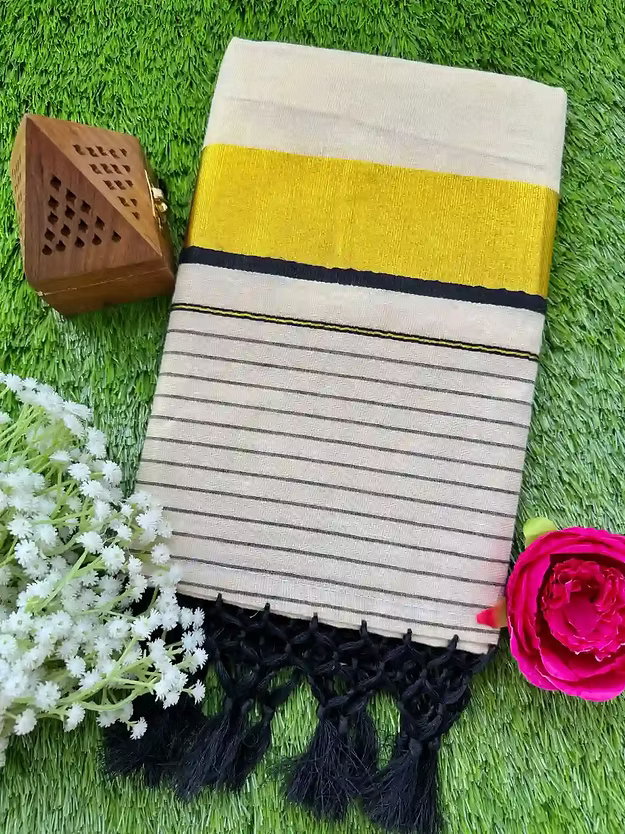 Tussel Tissue Kerala Saree with Black Border and Stripe Pallu