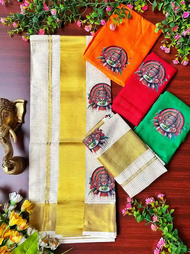 Kathakali Fern Green Designer Kasavu Cotton Setmundu