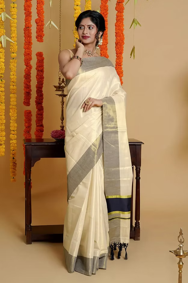 Classy Black Tussel Tissue Kasavu Saree