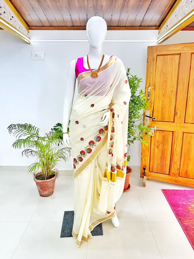 Flower Creeper Kasavu Cotton Kerala Saree with Blouse
