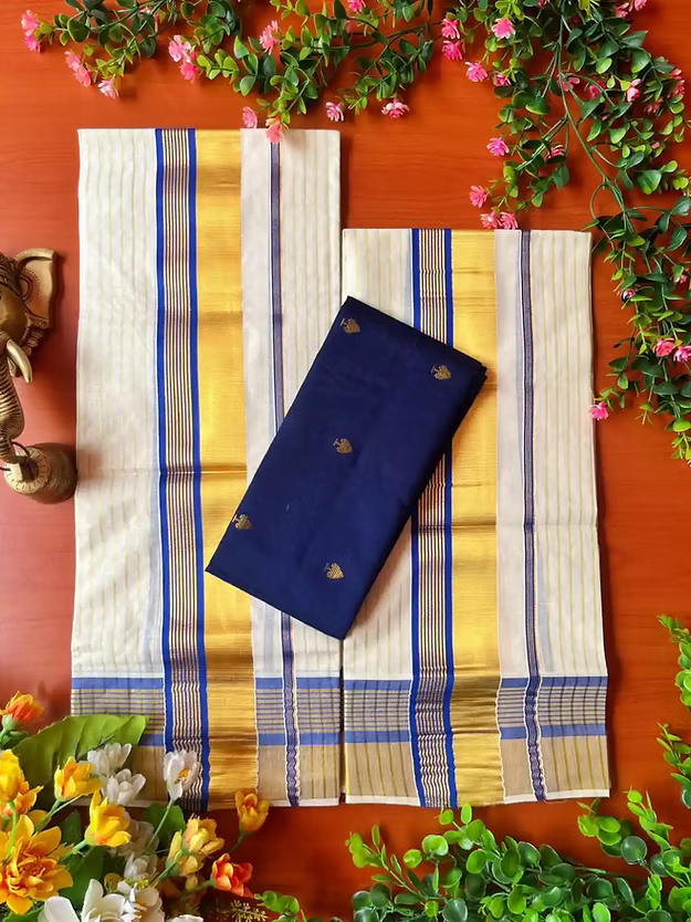 Golden Stripe Berry Blue Kasavu Kara Cotton Setmundu with Blouse