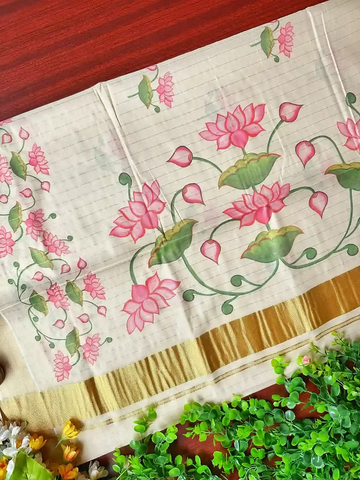 Lotus Plant Stripe Kasavu Tissue Saree with Running Blouse