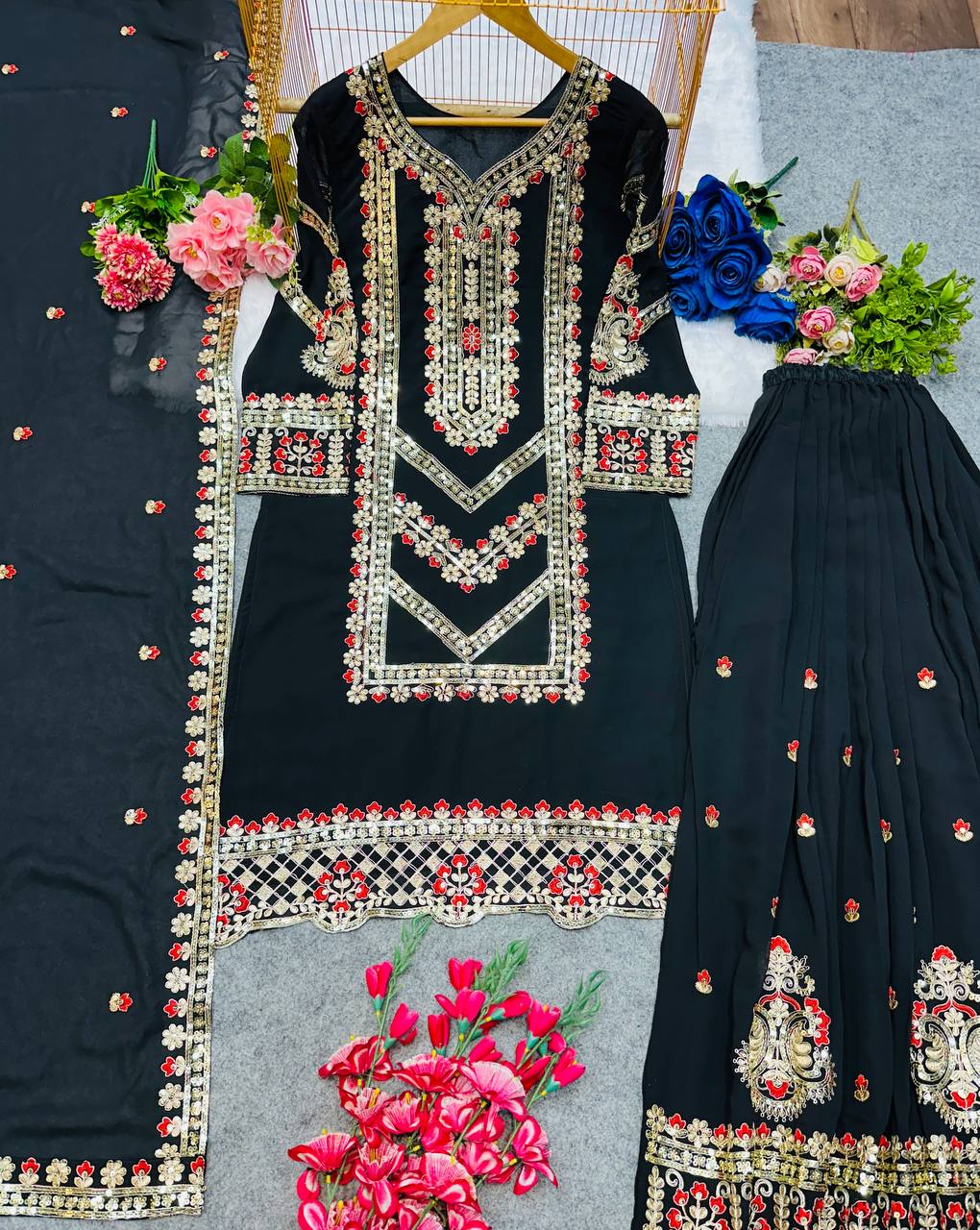 Heavy Fox Georgette Embroidered Suit Set – Fully Stitched with Lace Dupatta