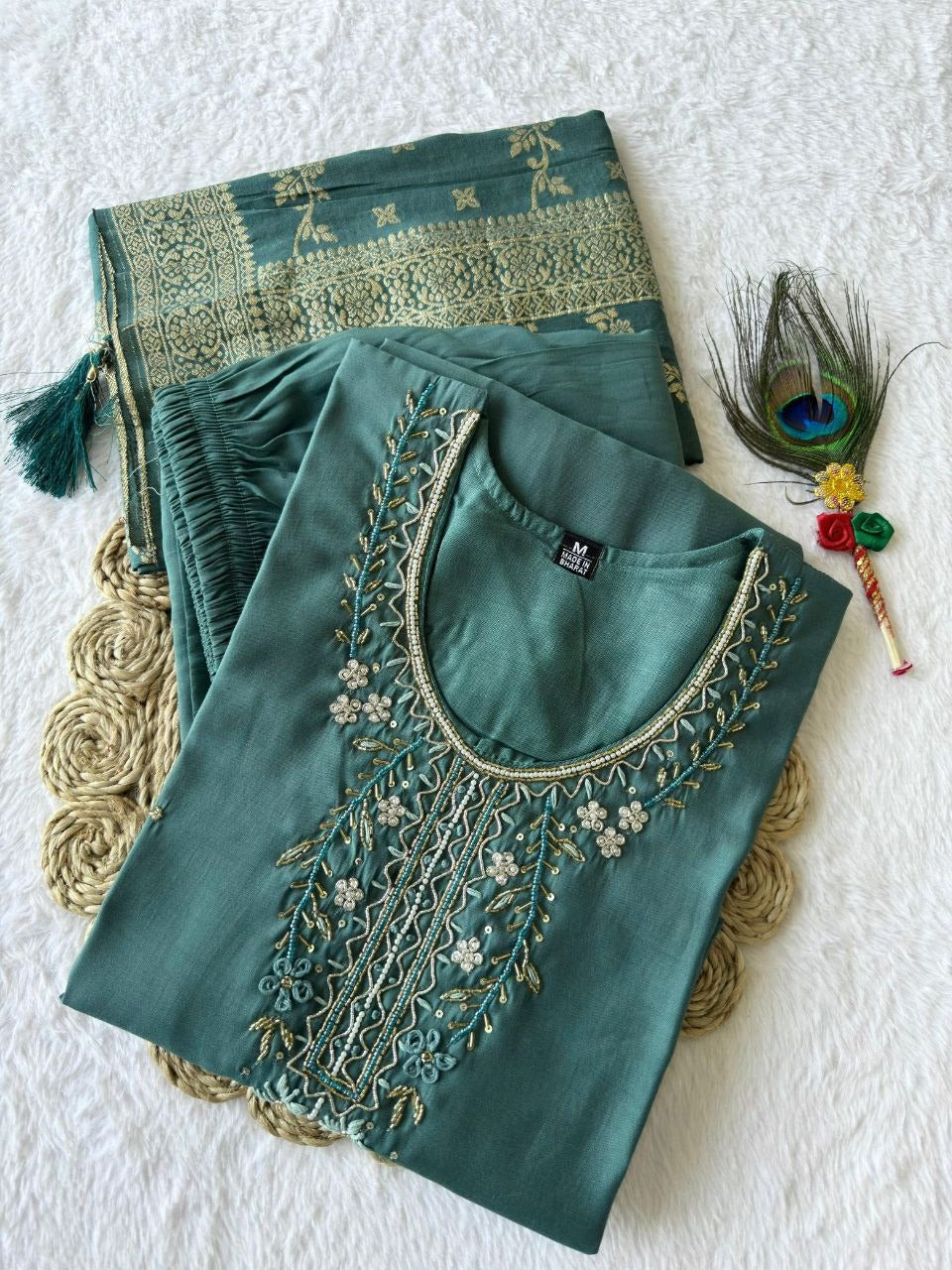 Designer Kurti Pant Dupatta Set in Teal