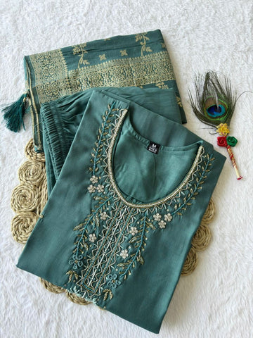Designer Kurti Pant Dupatta Set in Teal
