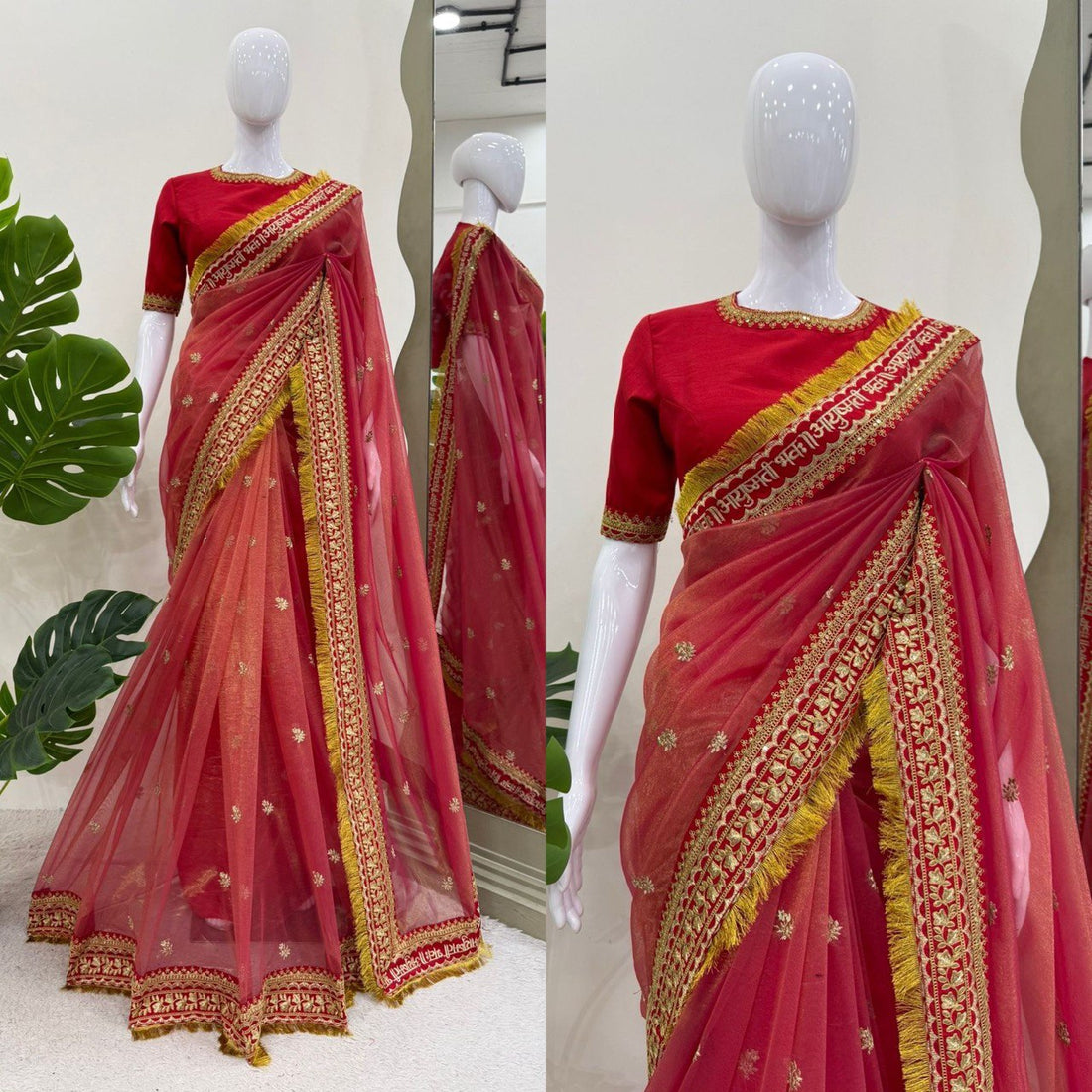 Radiant Red Designer Twill Net Saree with Sequin Embroidery