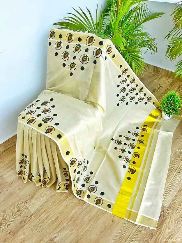 Peacock Feather Golden Kasavu Tissue Saree