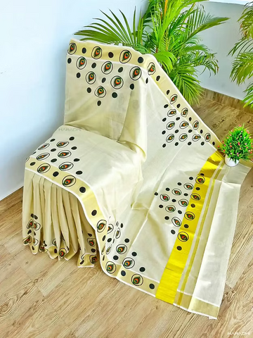 Peacock Feather Golden Kasavu Tissue Saree