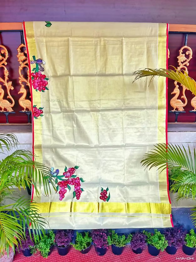 Red Geranium Floral Birds Hand Paint Mural Tissue Saree