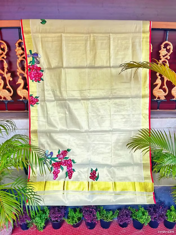 Red Geranium Floral Birds Hand Paint Mural Tissue Saree