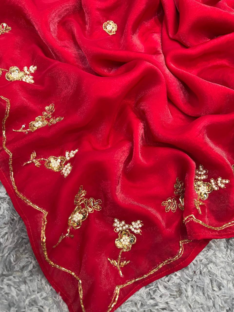 Red Space Silk Saree with Minimal Katdana & Pearl Handwork