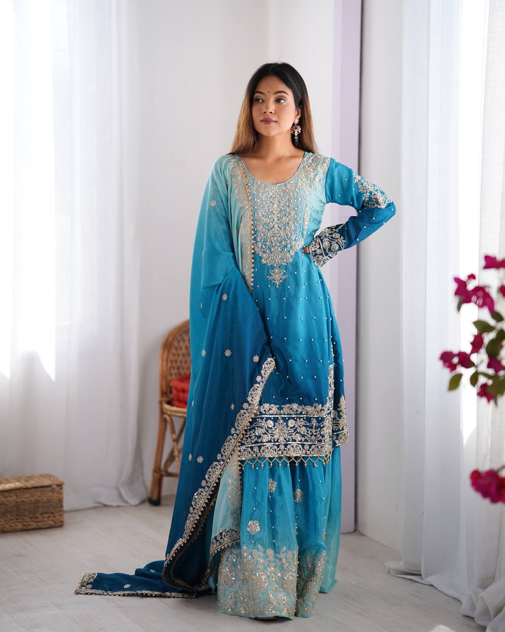 Moonga Silk Jacquard Suit with Handwork & Silk Georgette Embroidered Dupatta