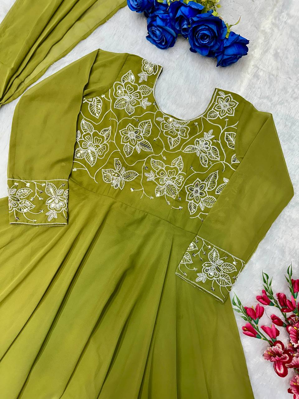 Chinon Silk Anarkali Set with Sequins & Rivet Moti Work – Fully Stitched 3-Piece Set