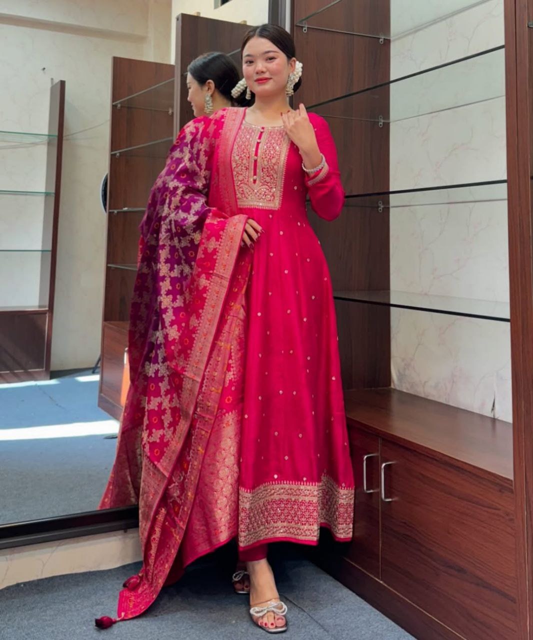 Anarkali Flared Kurti Pant Dupatta Set