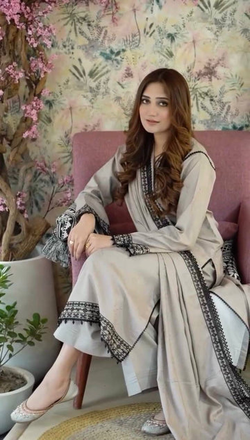 Heavy Faux Georgette Suit Set with Embroidery & Lace Dupatta
