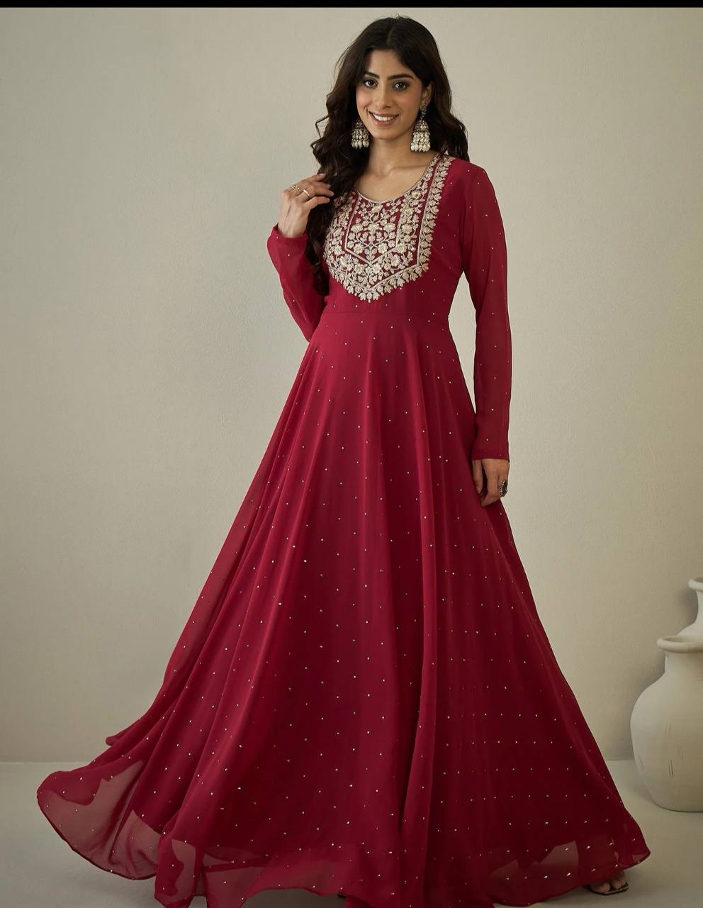 Pure Viscose Georgette Gown with Satin Butta Detailing