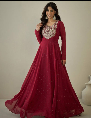 Pure Viscose Georgette Gown with Satin Butta Detailing