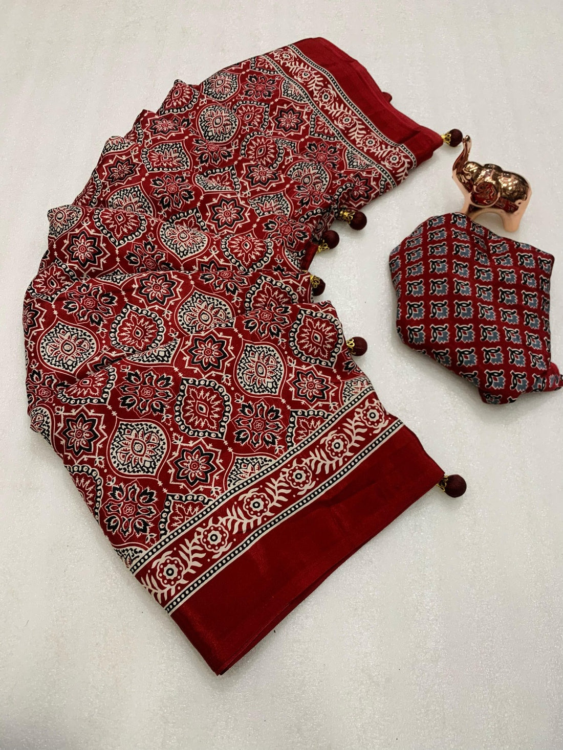 Red Pure Satin Ajrak Printed Saree with Rich Pallu & Heavy Tassels