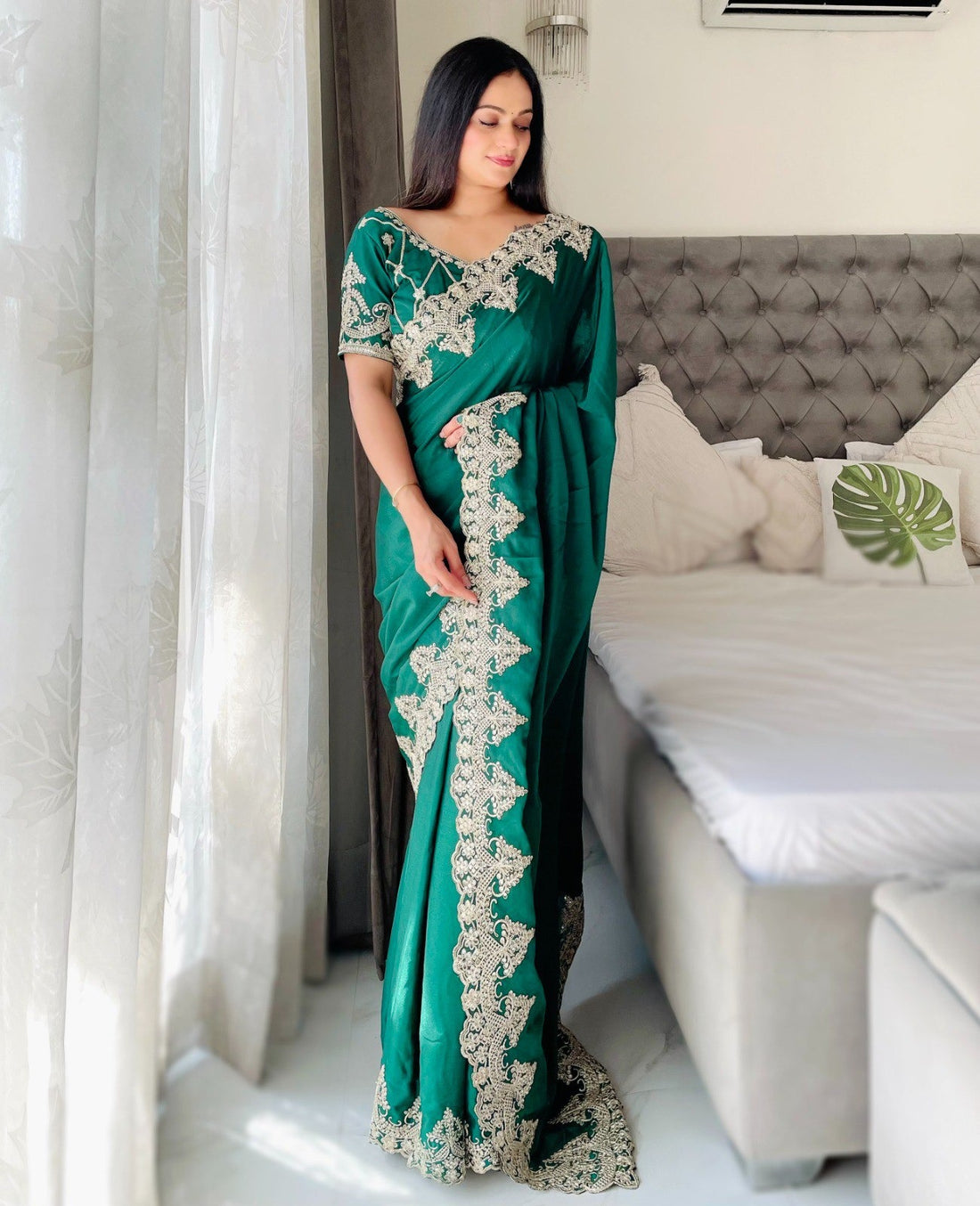 Elegant Chinon Silk Saree with C-Pallu Embroidery & Matching Work Blouse – 5 Colors Available