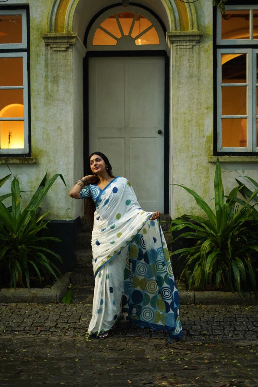 White Pure Linen Chanderi Saree with Colorful Circular Motifs & Blue Batik Printed Blouse