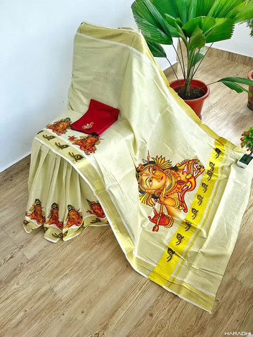 Flute Krishna Mural Kerala Tissue Saree with Stone Work Blouse Piece