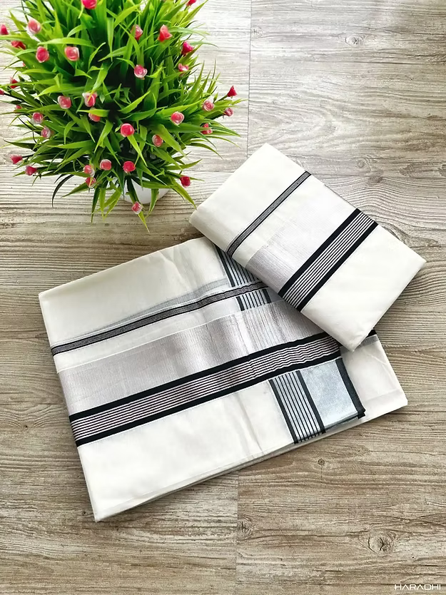 Black Premium Silver Kasavu Cotton Handloom Setmundu