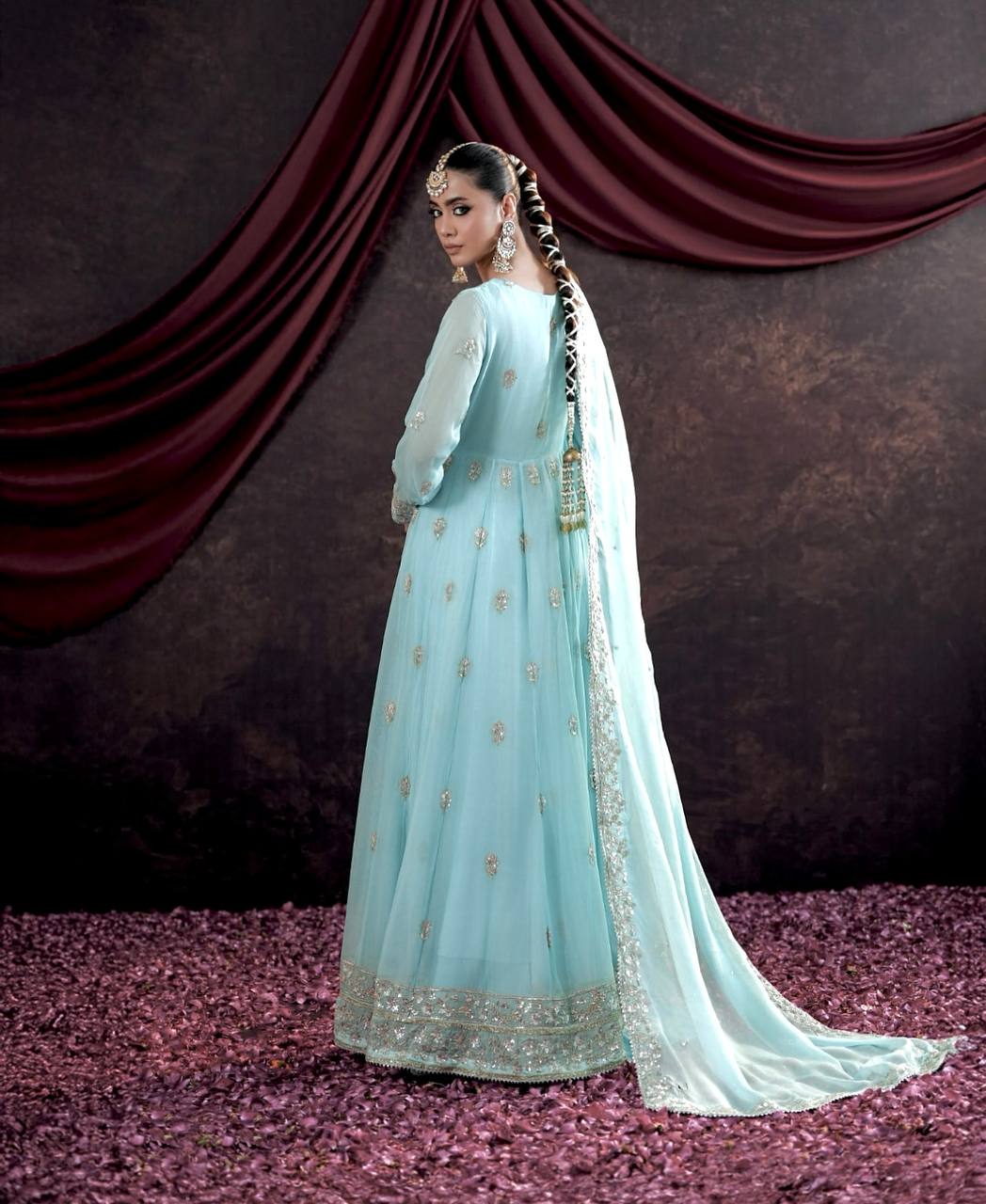 Heavy Embroidered Fox Georgette Gown Set with Palazzo & Dupatta