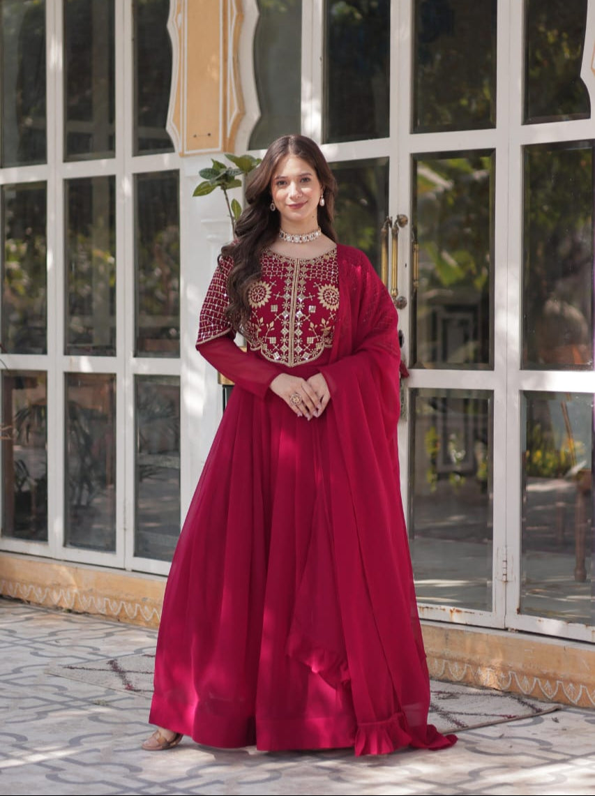 Embroidered Faux Georgette Gown with Border Dupatta
