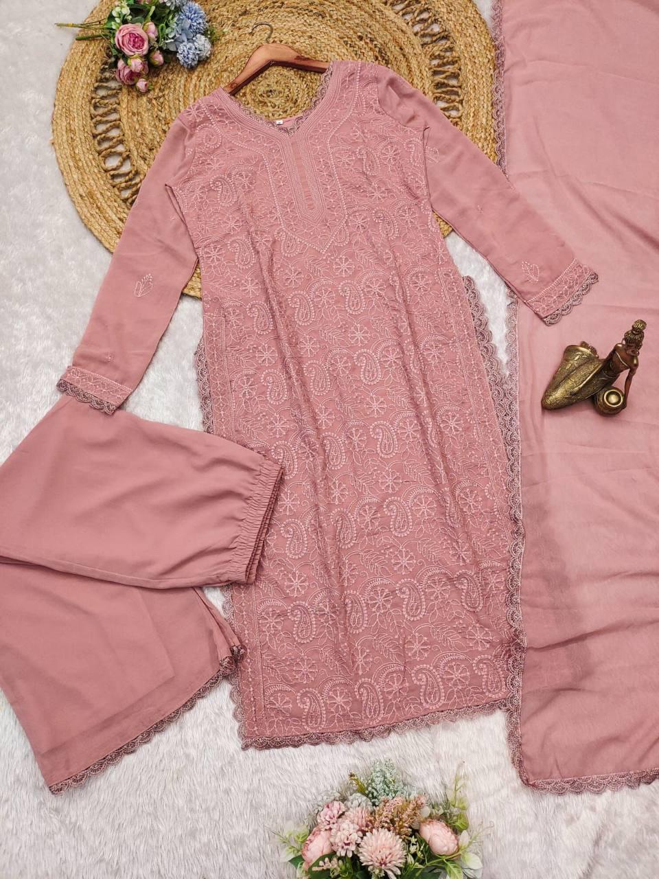 Elegant Chikankari Embroidered 3-Piece Suit