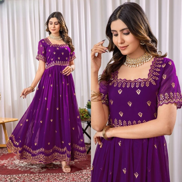 Faux Blooming Zari & Sequin Embroidered Gown with Cutwork Sleeves – 4 Classy Colors