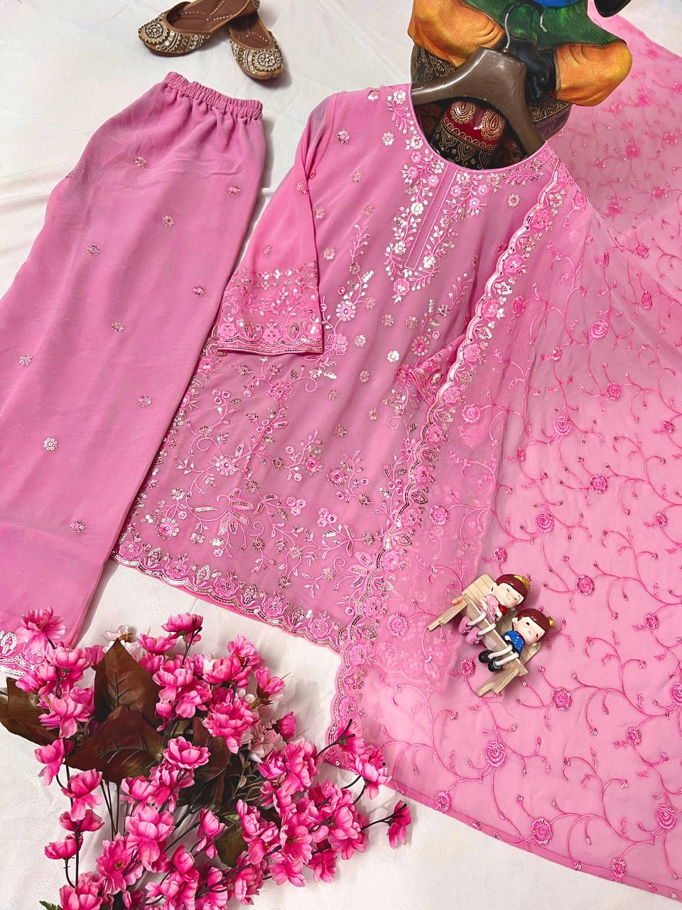 Elegant Faux Georgette Embroidered Kurti Palazzo Set with Dupatta