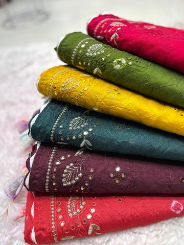 Elegant Soft Cotton Shibori Saree with Heavy Mirror, Thread & Zari Work, Unstitched Chanderi Blouse
