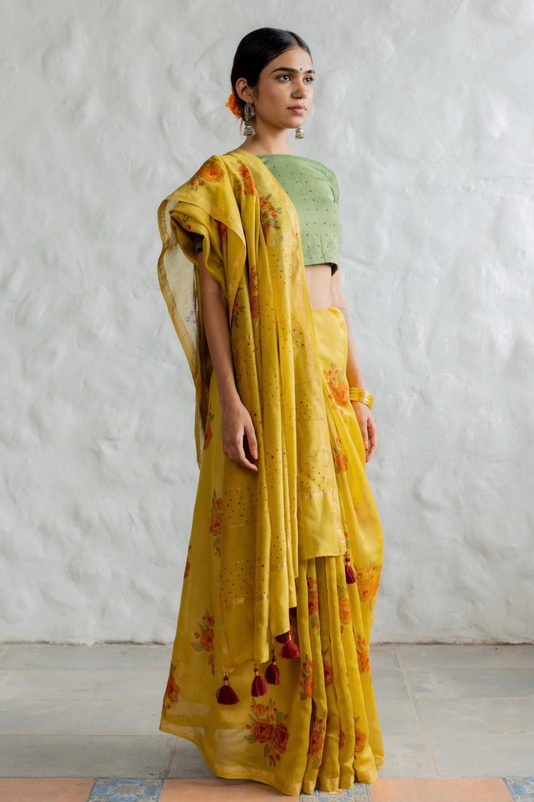 Yellow Pure Linen Chanderi Saree with Golden Zari Border & Green Batik Printed Blouse (Copy)