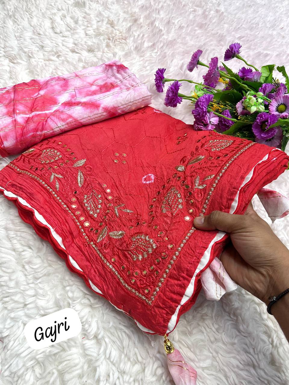 Elegant Soft Cotton Shibori Saree with Heavy Mirror, Thread & Zari Work, Unstitched Chanderi Blouse