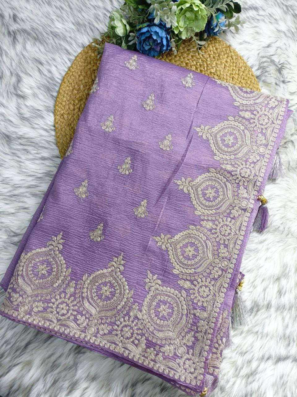 Shimmer Crushed Tissue Saree with Elegant Pitta Dori Embroidery