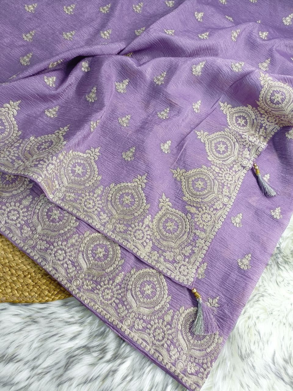 Shimmer Crushed Tissue Saree with Elegant Pitta Dori Embroidery