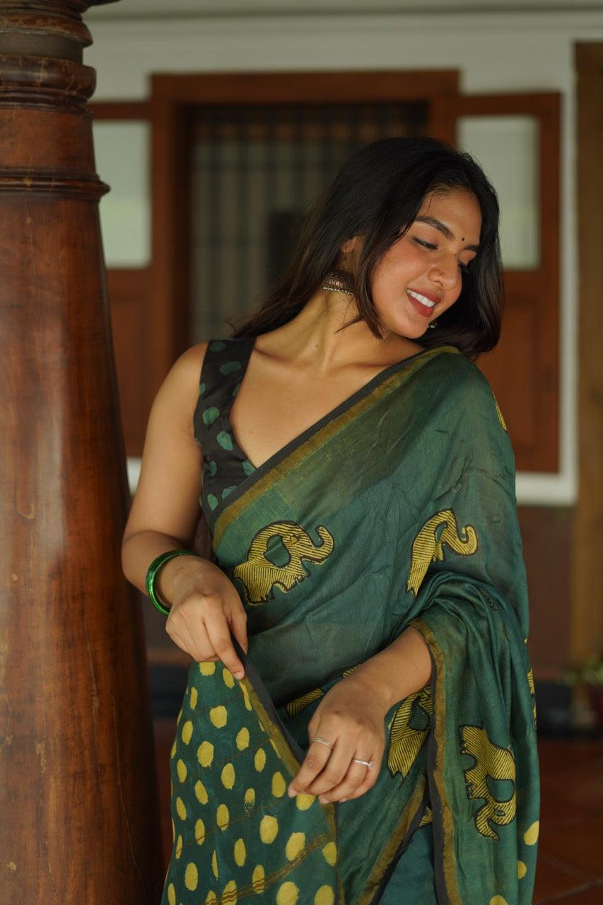 Green Pure Linen Chanderi Saree with Circular Motifs and Black Batik Printed Blouse