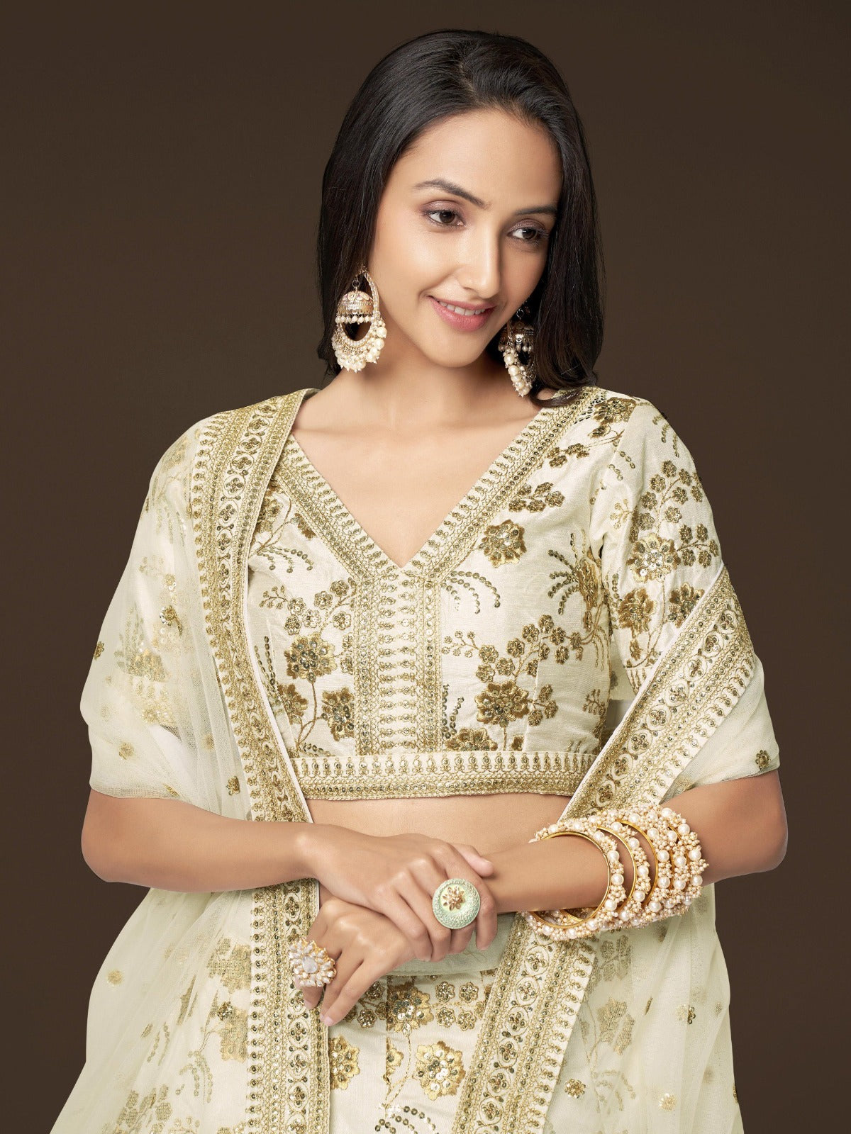 Slub Silk Lehenga Set with Embroidered Dupatta, Semi-Stitched