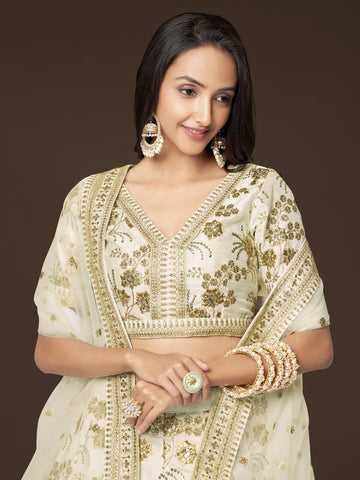 Slub Silk Lehenga Set with Embroidered Dupatta, Semi-Stitched